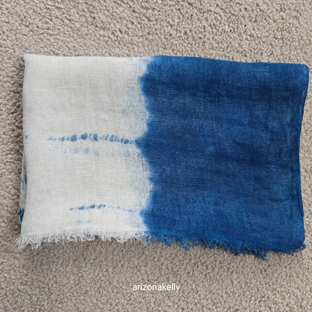 NWOT Linen Scarf Tie Dye Denim Blue & Ivory